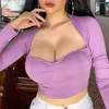 Winter Black Women Crop Top Long Sleeve Square Collar Short T Shirt Fleece Purple Sexy Tee Basic Lady Clothing TS52599 Women's T-Shirt