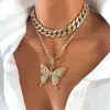 Chains Fashion Elegant Shiny Pink Crystal Butterfly Pendant Necklace Lady Girl Hip Hop Cuban Link Chain Multilayer JewelryGift
