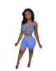 Summer Women Sleeveless Tracksuits Designer Sexy Hollow Out Open Top Bandage Two Piece Suit Navel Vest T-shirt Shorts Outfits Solid Color a001