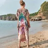 Bohème Femmes Summer Beach Robe Maillot De Bain Cover Up Polyester Tunique Sexy Col En V Robe Caftan Bikini Cover-ups Pareo Q1185 210420