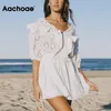 Mulheres Chique V Pescoço Vestido Branco Vestido Floral Bordado Ruffles Mini Vestidos Summmer Laço Laço Cintura Elástica Praia Sundress 210413