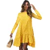 Vrouwen herfst jurk mode polka dot chiffon jurk lange mouw o nek ruche vrouwelijke casual gele jurk retro vestido mujer 210518