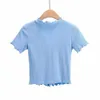 70er Jahre Vintage Holzohren V-Ausschnitt Kurzarm T-Shirt Basis Croptop T-Shirts Sommer Einreiher Knopf T-Shirt Crop Top 210429