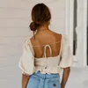 Ruffle Bowknot Blusa Top Mulheres Beach Feriado Feriado Verão Colheita Tops Sexy Backless Lace Up Túnica Blusa Camisa Vintage Blusa 210415