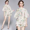 Elegant Flower Embroidery Lace Suit Women Batwing Sleeve Hollow Out Shirt Top + Wide Leg Shorts Runway Summer Two Pieces Set 210416
