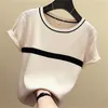 Modisches Damen-T-Shirt für Frühling und Sommer, schlanker, dünner Strickpullover, Eisseide, kurzärmeliges Strickoberteil 210520