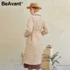 Beavant Długi Prosto Prosto z Rombus Wzór Casual Sashes Kobiety Winter Parka Głębokie Kieszenie Dostosowane Kołnierz Stylowa Outnewear 210923