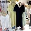 Korobov coreano casual solido abito a maniche corte estate vita alta abiti sottili scollo a V allacciatura abiti senza schienale femme 210430