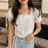 Blusas cortas ajustadas informales elegantes a la moda para mujer, camisa plisada con mangas abullonadas, Top corto coreano dulce, Blusas 210519