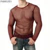 Mäns Mesh Genomsnitt Långärmad T-shirt Sexig Röd Transparent Muscle Underhirts Men Hip Hop Streetwear Camisetas 2xL 210522