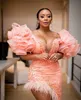 2021 Plus Size Arabic Aso Ebi Pink Stylish Luxurious Prom Dresses Pearls Mante Feather Evening Formal Party Second Reception Gown2195