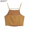 Zevity Women Chic Pleats Design Solid Sling Camis Tank Damer Sommar Spaghetti Strap Kort Vest Backless Crop Tops LS9271 210616