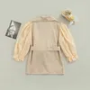 2-7Y Fashion Autumn Kids Girls Jacket Dress Chiffon Dot Puff Sleeve Single Breasted Dress With Belt G1026