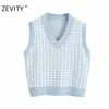 ZEVITY Yeni Kadın Moda V Boyun Houndsthooth Ekose Patchwork Yelek Ceket Ofis Bayanlar Kolsuz Casual Ince Yelek Üstleri S378 210419