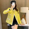 Autumn Fashion Women Stand Collar Plaid Yellow Tweed Jacket Pearls Double Breasted Vintage Elegant Ladies Tassels Twill Coat 210506