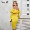 Elegante sem encosto de inverno sexy mulheres plissado outono amarelo ombro frio vestido de natal vestidos de festa 210414