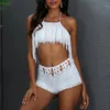 Summer Sexy Branco Hand Gancho CORSET CORSET TOPS Trançado Tassel Bandage Peito Envolvido Swimsuit Bikinis para Feminino 2021 # 3 Women's Swimwear