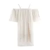 Kvinnor Semester Klänning Aprikos Beading Spaghetti Strap Slash Neck Mesh Loose Flare Ärm Knee Längd Sommar D2337 210514