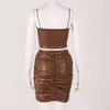 NewAsia Leather Two Piece Skirt Set 2 Layers Corset Top Zipper High Waist Ruched Mini Skirt Brown Women Party Club Matching Sets 210413