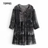 Vintage Paisley Mini robes femmes lâche col en v Blouses robe trois quarts manches dames Chic vestidos 210421