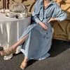 Robe Vintage Chic Maxi longue robe en jean automne hiver simple boutonnage ceinturé femme jean robe lâche Vestidos 210422