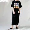 Black Women Cotton Long Slit Dresses Summer Plus Size 7xl 6xl 5xl 4xl Xxxl Xxl O Neck Short Sleeve Maxi Loose Dress Casual 210409