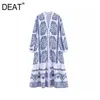 [DEAT] Spring Autumn Fashion Women V-neck Ankle-length Long Sleeve Printing A-line Loose Elegant Dress 13W904 210527