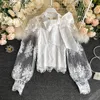 Summer Elegant Lady Bow Puff Sleeve Lace Patchwork Shirt Top Sweet Sun Proof Clothes 210423