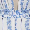 Blue Vintage Ruffles Dress For Women V Neck Sleeveless Hit Color Patchwork Mid Dresses Female Clothing Summer Style 210520
