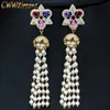 Multi Color CZ Stone Handmade Simulated Pearl Long Drop Tassel Earrings for Women Vintage Ethnic Jewelry CZ267 210714