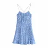Sukienka Kobiety Niebieski Kwiatowy Krótki Es Kobieta Lato Moda Wzburzyć Slip Mini Sexy Holiday Beach Sundress 210519