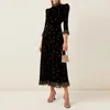 Runway Designer Celebrity Style Maxi Dress Black Velvet Diapered Dot Luksusowe Patchwork Ruffles Sukienki zimowe Szata Mujer 210421
