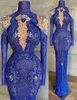 2022 plus storlek arabiska aso ebi lyxiga kungliga blå prom klänningar pärlstav kristaller spets kväll formell fest andra mottagning födelsedag engagemang gowns zj205