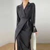Effen elegante dres herfst bandage midi gespleten jurk kantoor dame ontwerper casual Koreaanse stijl jurk vrouwelijke 210706