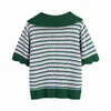 Women Knitted Asymmetric Polo Shirt Striped Faux Gemstone Button Short Sleeve Fashion Casual Clothes 210517