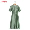 Tangada Summer Women Green Dots Print French Style Dress Puff Short Sleeve Office Lady Midi Dress 1F210 210609