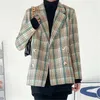 ヴィンテージの女性の緑の格子縞のブレザーファッションレディースノッチカラーコート因果女性シックな二重胸のジャケット210430
