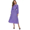 Women Elegant Dress Lace-Up Bowtie Collar Lantern Sleeve Purple Color Loose Plus Size Design Office Work Wear Spring Summer 210527