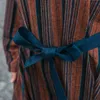Johnature Women Bandage Dresses Striped Cotton Linen Robes O-Neck Long Sleeve Vintage Female Clothes Loose Dresses 210521