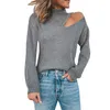 Sexy Off Shoulder Gray Sweaters Dames Mode Turtleneck Lange Mouw Holle Pullover Lente Herfst Slanke Breien Tops Vrouw 210522