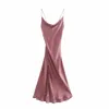 VUWWYV rose Satin dos nu Slip robe femmes robes élégantes Slim fête Midi femme été côté bouton plissé Club Vestido 210430