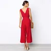 Jumpsuit Mulheres Vermelho Vermelho Plus Size Button Grande Perna Calças V Pescoço Moda Sexy Bolsos Cinto Solto Sem Mangas Romper LR233 210531