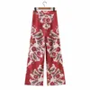 Pseewe ZA Pantolon Kadın Kırmızı Vintage Baskı Geniş Bacak Pantolon Kadınlar Yüksek Bel Yaz Pantolon Kadın Zip Sinek Rahat Gevşek Pantolon Q0801