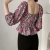 Mulher Verão Lanterna Sleeve Floral Floffy Três Quarto Camisa Ruffles Lady Camisas Tops 210521