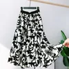 SURMIITRO Midi Long Skirt Women Summer Korean Style White Black Floral Print High Waist Mid-Length Pleated Skirt Female 210712