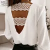 Costura oca de costura de laço moda sexy primavera e outono manga longa com v-garganta v volta de escritório coreano blusa branca chique 12460 210508