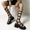 Lasyarrow 2021 Knee High Hallow Cut Out Female Gladiator Sandals Open Toe Casual Punk Platform Summer Shoes Women Dress