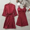 Mulheres Sleepwear Lingerie Mulheres Silk Lace Robe Vestido Babydoll Nightdress Kimono Set FFT