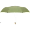 Bärbar vindbeständig trähandtag regn vikbara paraply kvinnor tre vikande UV sol solskydd Svart beläggning paraplyer ccf14118