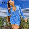 CNYISHE Fashion Neon Tie Dye Rompers Casual Biker Shorts Rompers Women Jumpsuits Long Sleeve Active Wear Skinny Playsuits 210419